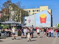 Tourists and fans of the Ice Hockey World Championship 2023 on Livu square in the Riga Old Town