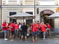 Tourists and fans of the World Basketball Championship 2023 drink beer on the open veranda of cafes Royalty Free Stock Photo