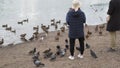 Tourists feed ducks on the river bank