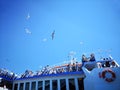 Tourists feeding seagulls on the ferryboat