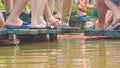 tourists feet on planked footways hands feeding fish in lake