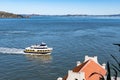 Tourists Ferry boat while touring the area of Alcatraz Island Prison, San Francisco, California, USA, March 30, 2020