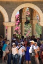 Tourists gather at the basilica of the Mount of Beatitudes