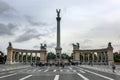 Tourists gather in front of the Millennium Monument in Hero`s Square in Budapest in Hungary.