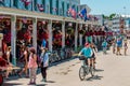 Tourists getting around Mackinac Island by bike