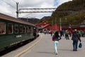 Tourists getting on the Flamsbana train in Myrdal, Vestland, Norway
