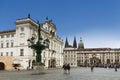 Tourists on the Gradchanskaya square at the entrance to the Cathedral of St. Vitus. Prague castle