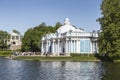 Tourists at the Grotto pavilion on the banks of the Big Pond in Tsarskoye Selo.