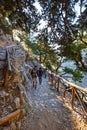 Tourists hike in Samaria Gorge in central Crete, Greece. The national park is a UNESCO Biosph