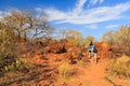 Tourists hike towards Waterberg Plateaus. Tourists hike towards Waterberg Plateaus