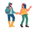 Tourists or hikers characters with backpack traveling on nature, vector isolated