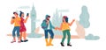 Tourists and hikers people cartoon characters traveling and sightseeing, flat vector.