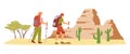 Tourists hiking in desert and visiting pyramids, vector illustration isolated.