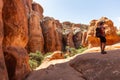 Tourists Hiking in Fiery Furnace, Moab, Utah USA