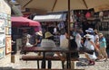 Tourists in historic town of Mostar, Bosnia and Herzegovina - lively bazaar