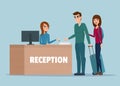 Tourists at hotel reception. Business cartoon concept Vector