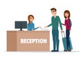 Tourists at hotel reception. Business cartoon concept Vector