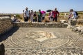 Tourists inspect an ancient mosaic at Volubilis in Morocco