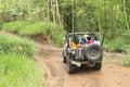 Tourists in jeep in jungle