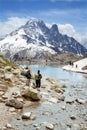 Tourists at Lac Blanc in Mont Blanc massif