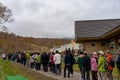 Tourists line up for the Dragondola in Summit Station (Naeba-Tashiro Gondola), in autumn foliage season