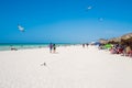 Tourists and locals at the beautiful beach of Sisal in Yucatan, Mexico