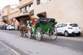 Tourists and locals ride in horse-drawn carriages through vibrant streets Marrakech, authentic and lively city life African Royalty Free Stock Photo