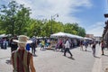 Tourists, locals, vendors and booths fill the plaza in Santa Fe New Mexico