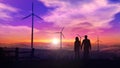 Tourists Are Looking At The Landscape With Wind Turbines At Sunset