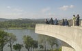 Tourists looking out onto Rhone River, Avignon, France