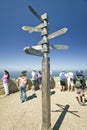 Tourists looking at view of Cape Point, Cape of Good Hope, outside Cape Town, South Africa and sign pointing to Berlin, Rio De Jan