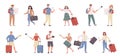 Tourists, male and female travelers flat vector illustrations set. Travelling, excursion, sightseeing, route choice