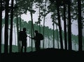 Tourists, man and woman with backpacks and map wandering in fore