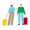 Tourists man and woman standing with travel stroller suitcases. Vector illustration in flat cartoon style