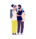 Tourists with map. Happy traveler find road or travel trip. Flat man woman with backpacks, couple hiking together vector