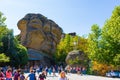 Tourists at Meteora rock formation Greece