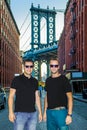 Tourists models posing and enjoying New York City and Dumbo, Brooklyn Royalty Free Stock Photo