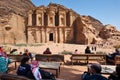 Tourists near A-Dir Monastery, Petra`s largest monument, Jordan