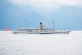 Tourists onboard the oldest Belle Epoque steam paddle boat Montreux enjoying cruising on Lake Geneva Lac Leman
