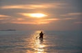 Tourists paddle surfboards in the sunset on a day when the sea has little waves