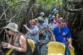 Tourists pass through a section of mangrove trees in Sri Lanka.