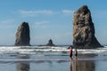 Tourists pass by the unique rocks in the water of the Pacific Ocean in Cannon Beach, Oregon, USA. Royalty Free Stock Photo