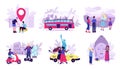 Tourists people travel set of vector illustration. Traveling people and sights, tourists attractions, watching map