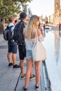 Tourists in Pilar Square, Zaragoza, Spain. Close-up. Vertical. Royalty Free Stock Photo