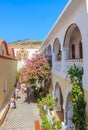 Tourists and pilgrims in the monastery Panormitis. Symi Island