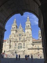 Tourists and pilgrims at the Obradoiro Square in front of the Cathedral, the final spot in the Camino de Santiago, Spain.