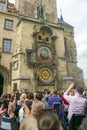 Tourists at the procession of the Apostles at Astronomical Clock in Old Town Prague, Czech Republic