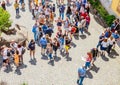 View of Tourists queue in front of the Pena Palace, Pedro de Penaferrim, Sintra, Portugal, an UNESCO World Heritage Site