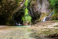 Tourists rafting in rubber boats on the river Abasha in Martvili canyon, Georgia Royalty Free Stock Photo