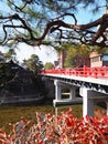 Tourists on red Nakabashi bridge over the Miyagawa river in Hida-Takayama, Japan